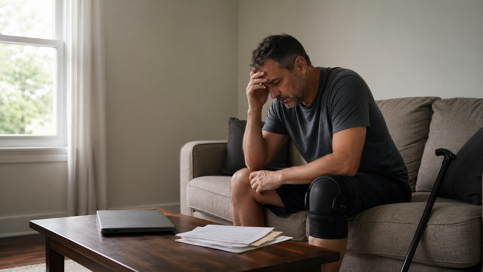Man sitting on a couch, hunched over with hand on forehead, beside a coffee table with papers and a laptop.