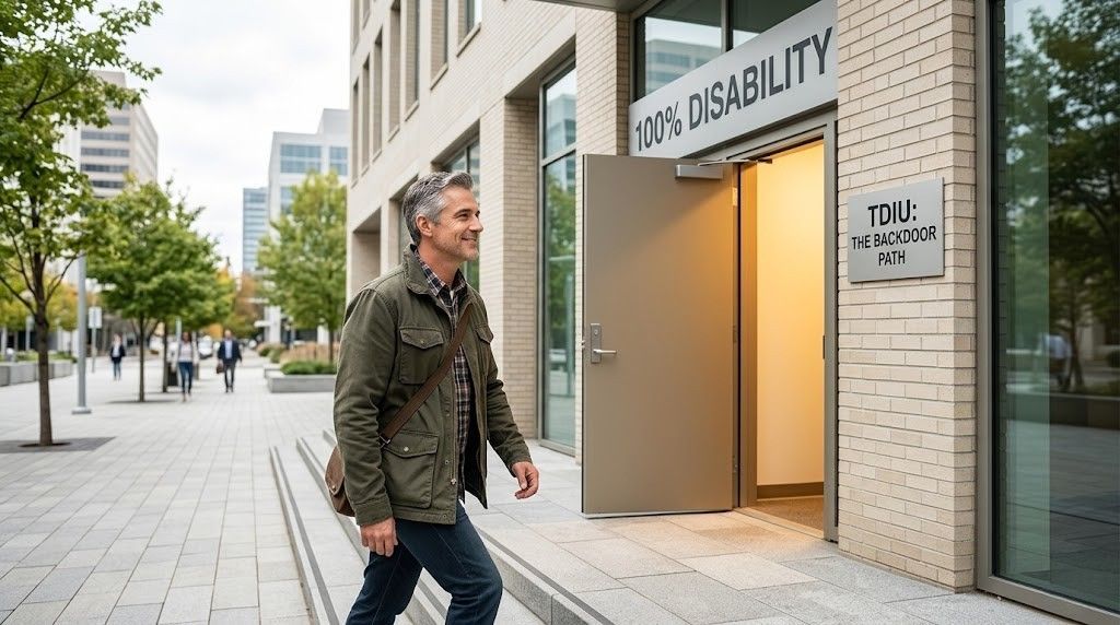 Man walking past an accessibility entrance with warm lit doorway and brick facade
