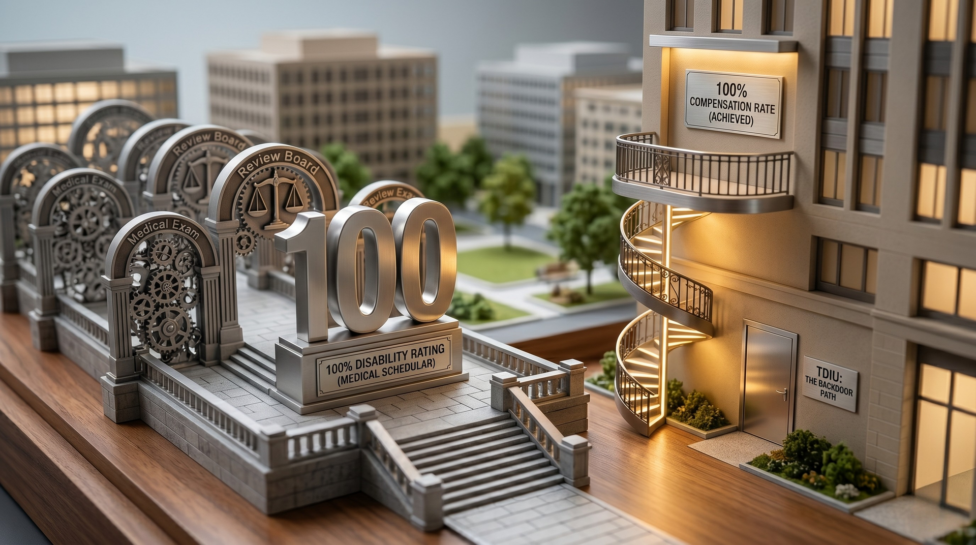 Miniature city scene with large metallic 100 coins, stairways, and a modern building at dusk