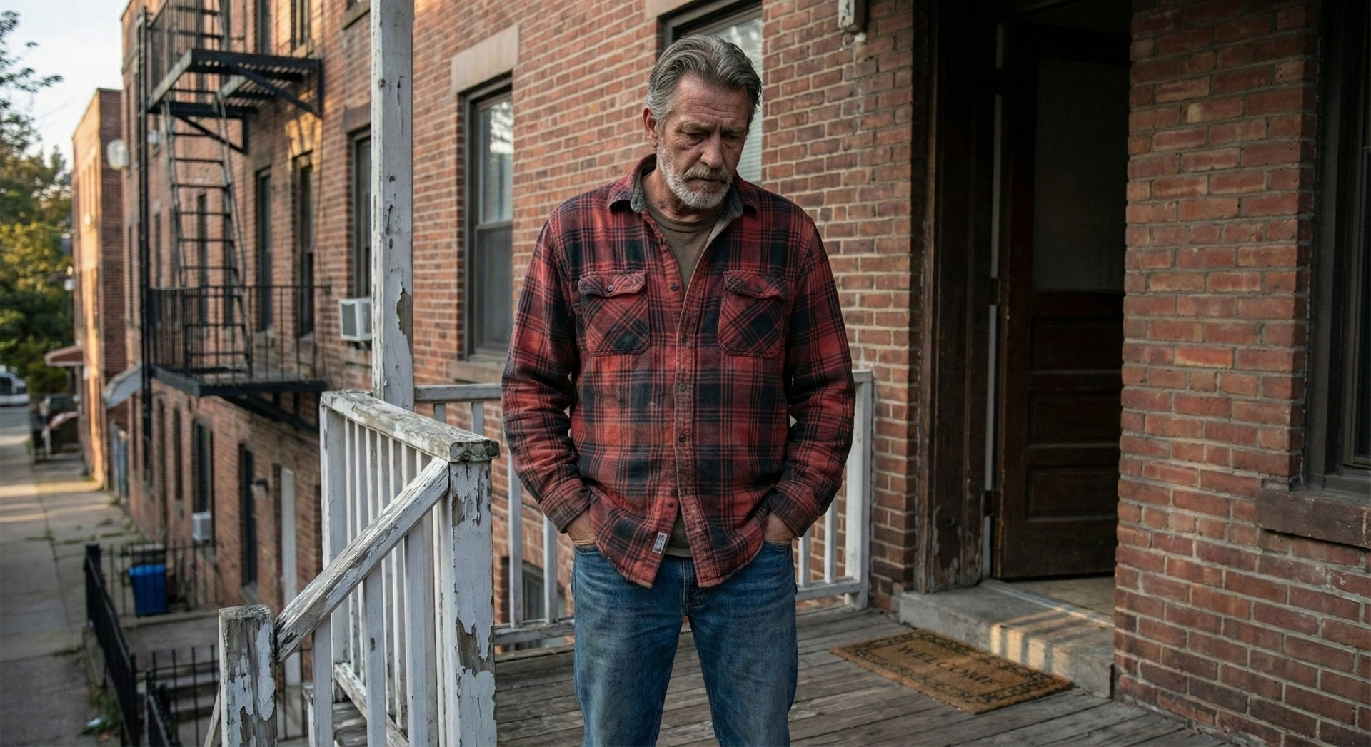 Man in a red plaid shirt standing on a brick apartment stoop with a railing and city street behind him
