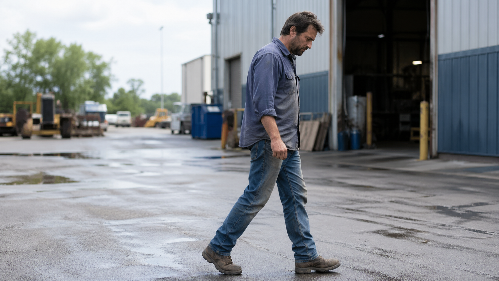 Man walking across a wet industrial lot beside a warehouse on an overcast day