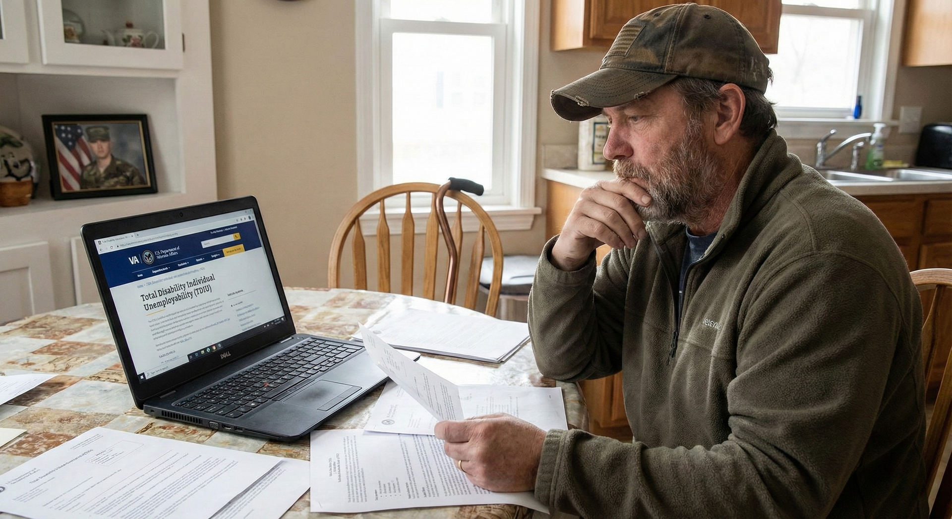 Man studying papers at a kitchen table beside a laptop, with a dog sitting nearby by the window.