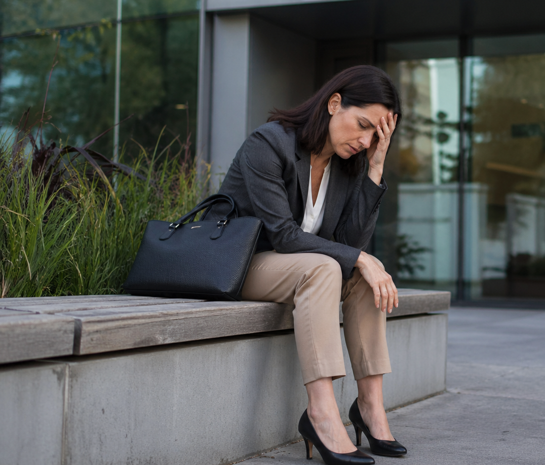 Woman sitting on a bench outside a building, head in hand, looking distressed