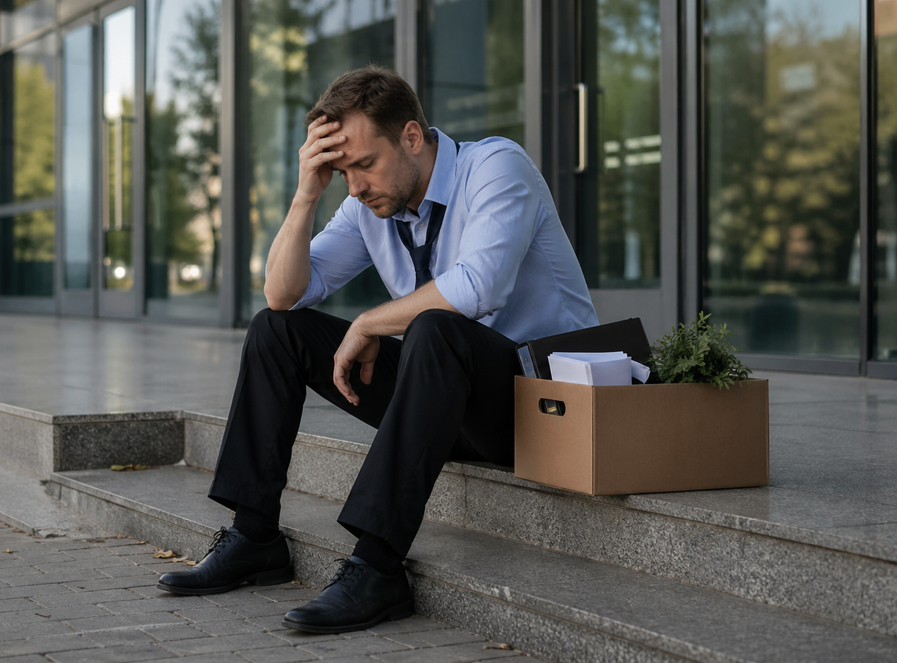Distressed person sitting on steps outside an office, head in hand beside a cardboard box of belongings.