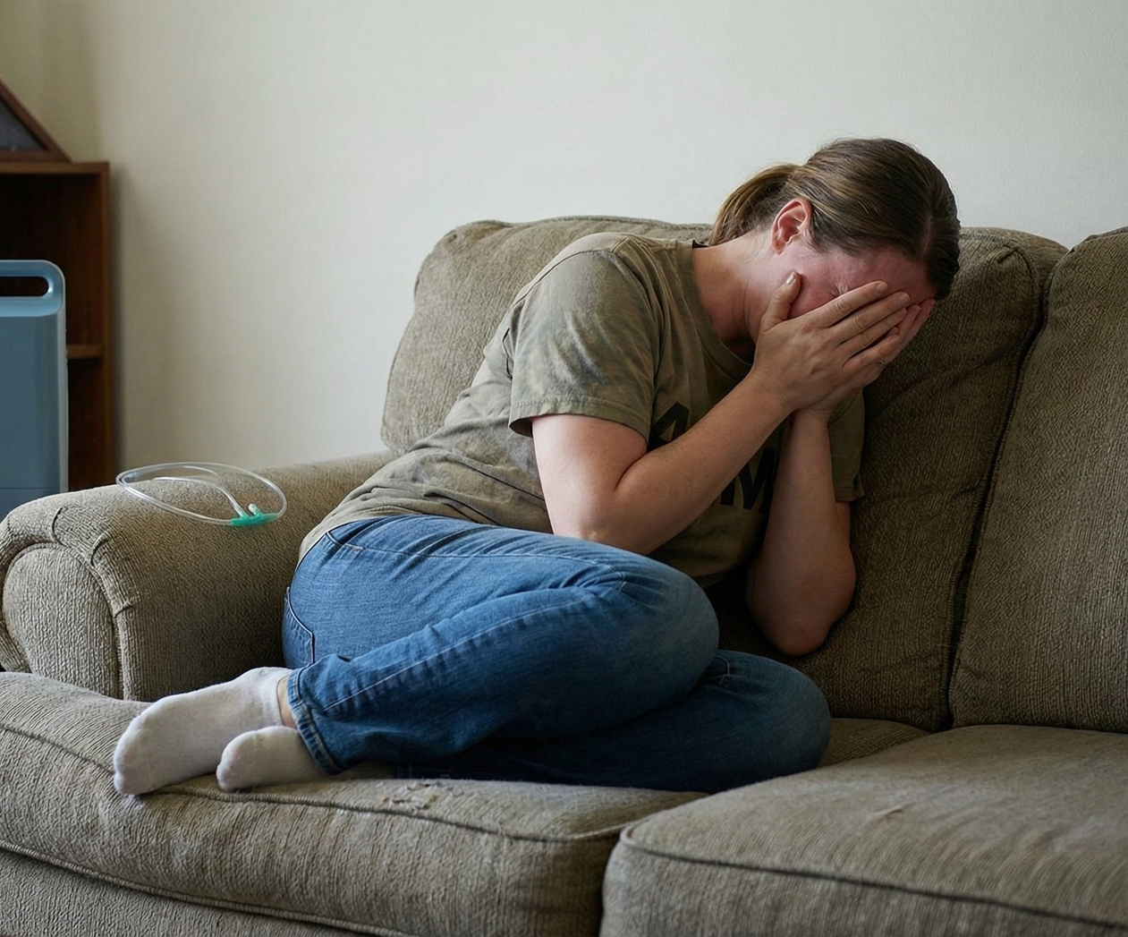 Person sitting curled up on a couch with head in hands, appearing distressed