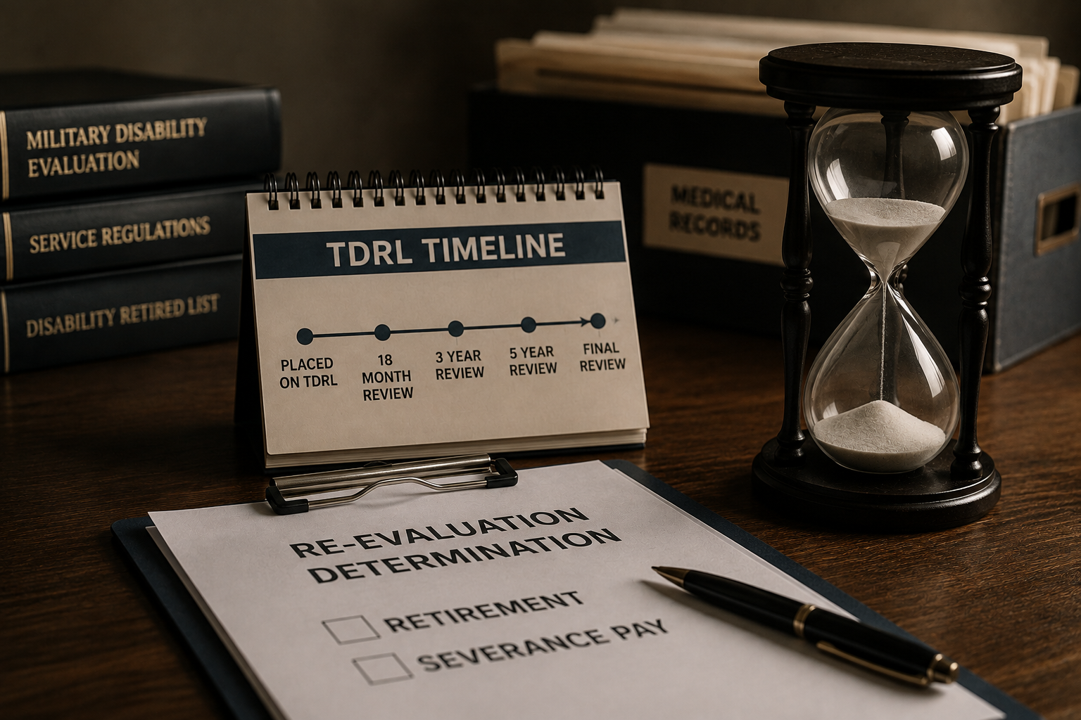 Medical evaluation desk with forms, pen, timeline card, and hourglass on a wooden surface.
