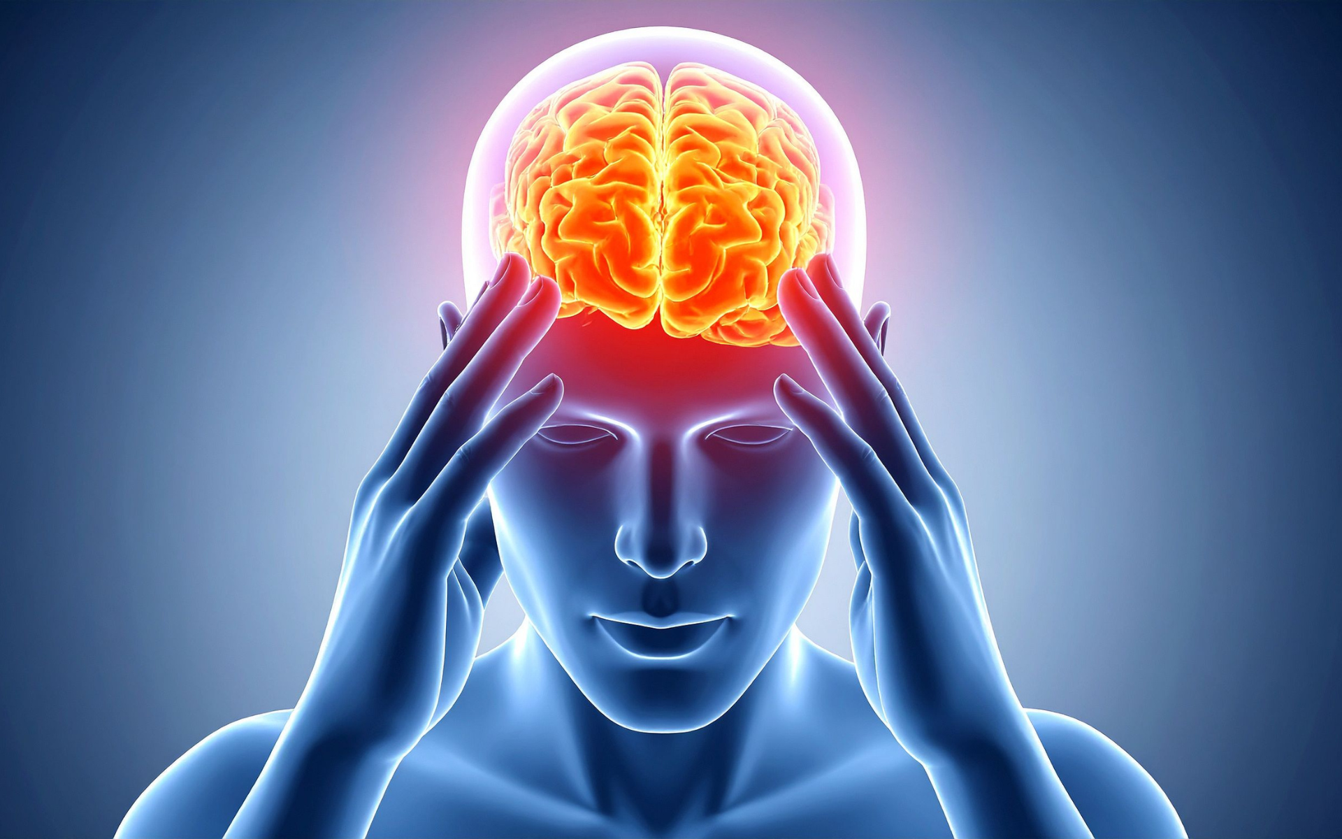Person holding head with glowing red brain, suggesting headache or mental strain.