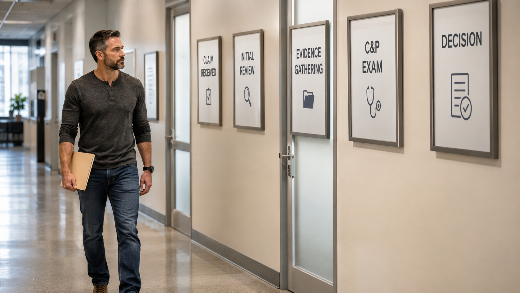 Man walking down a hallway past office doors, carrying a folder under his arm.