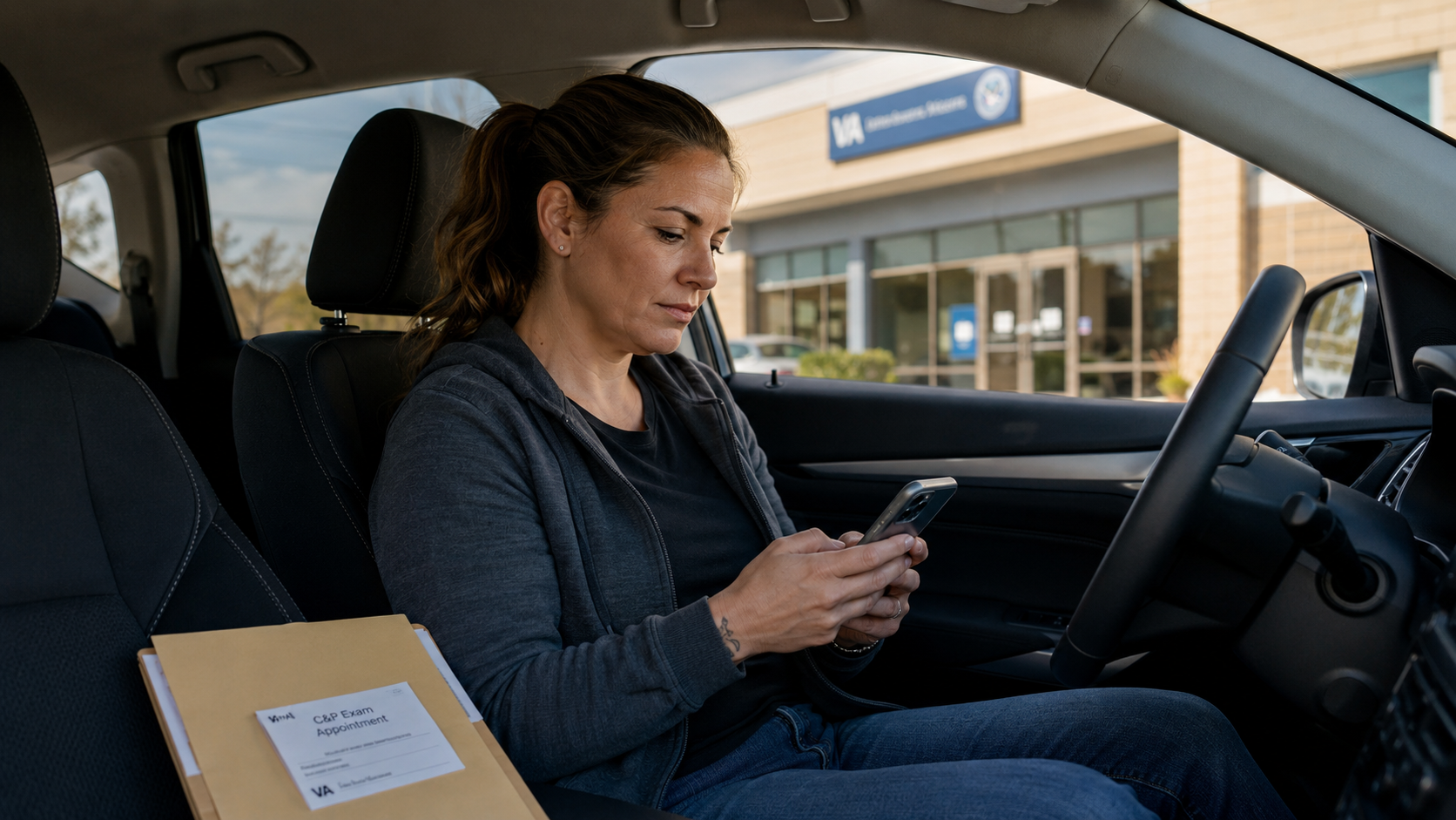 Woman in a parked car looking at her phone beside a cardboard package on the seat.