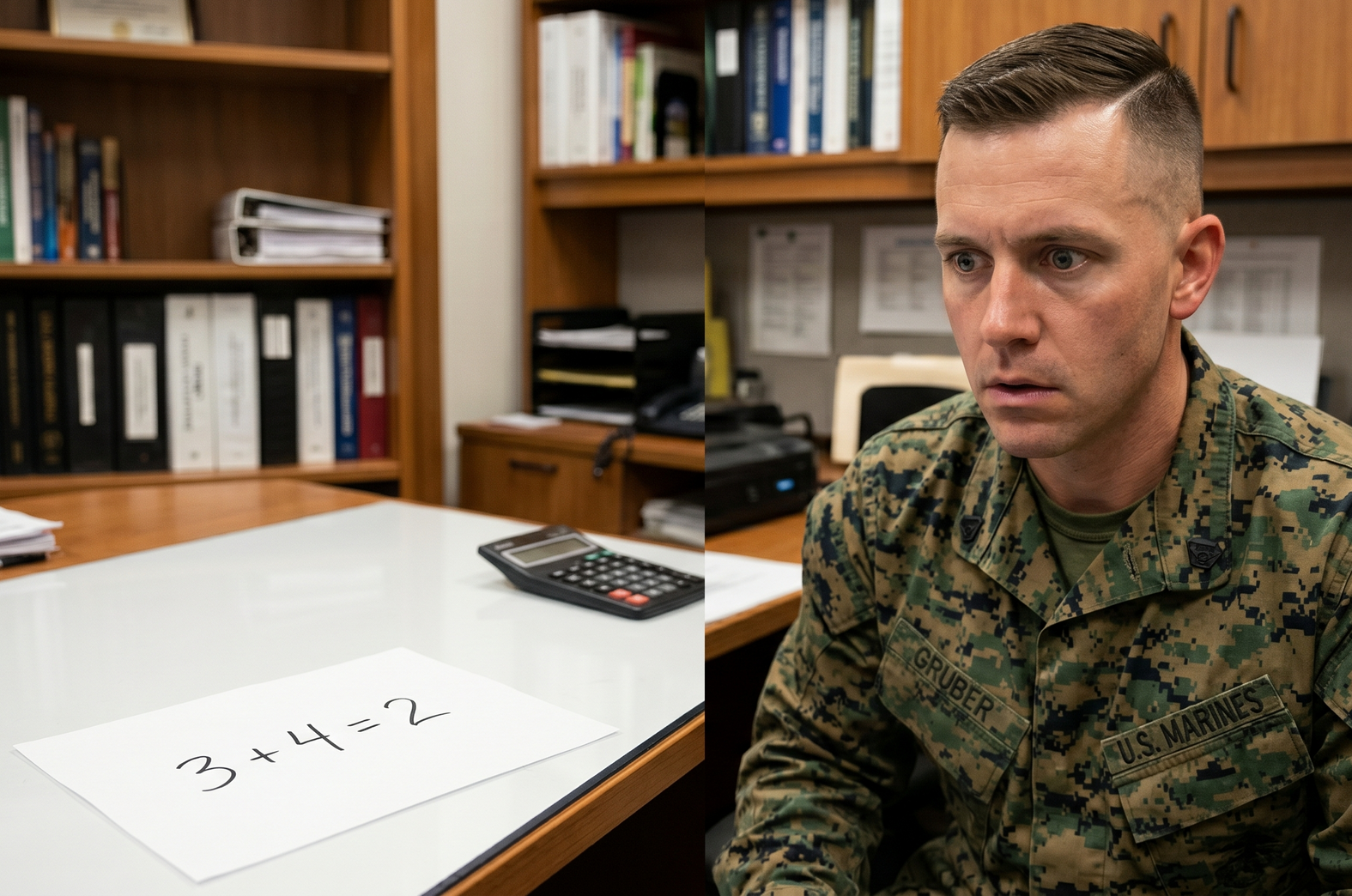 Military man sits at a desk in an office, looking at a paper with handwritten numbers.