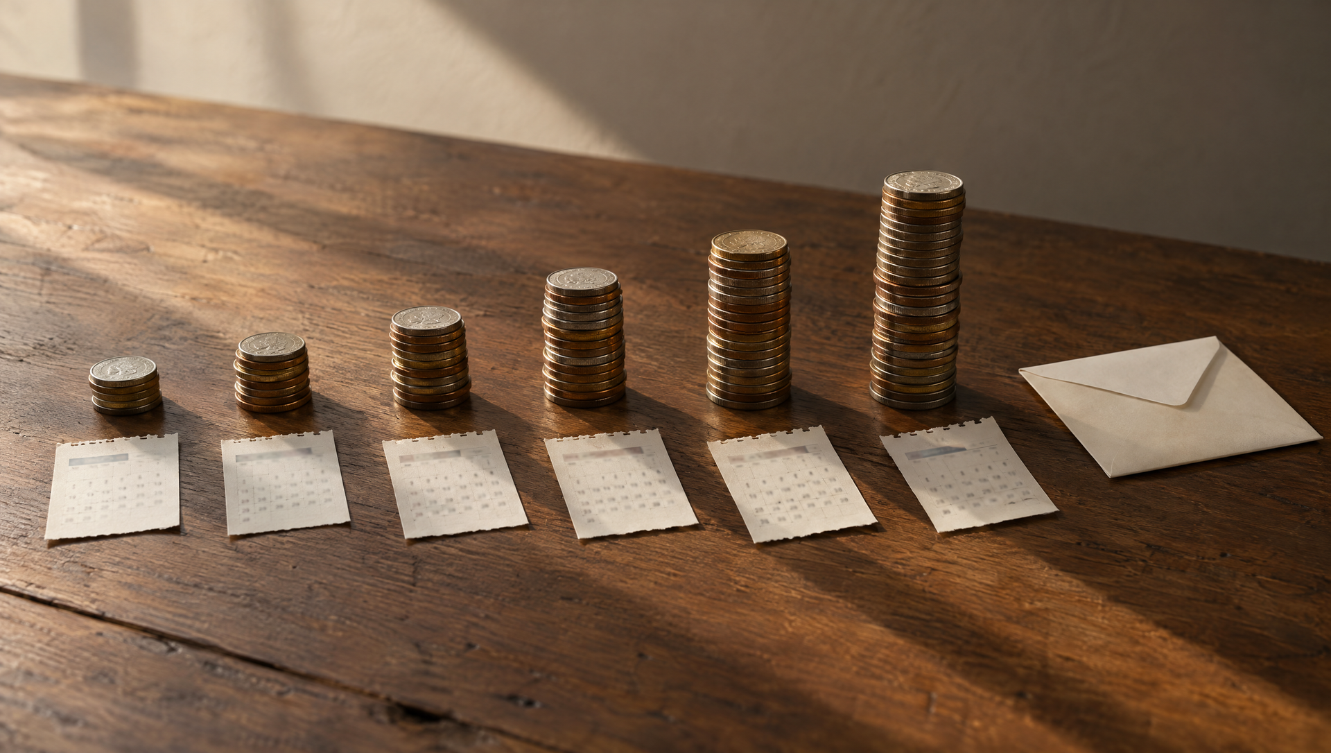 Stacks of coins increasing from left to right on a wooden table beside folded white cards.