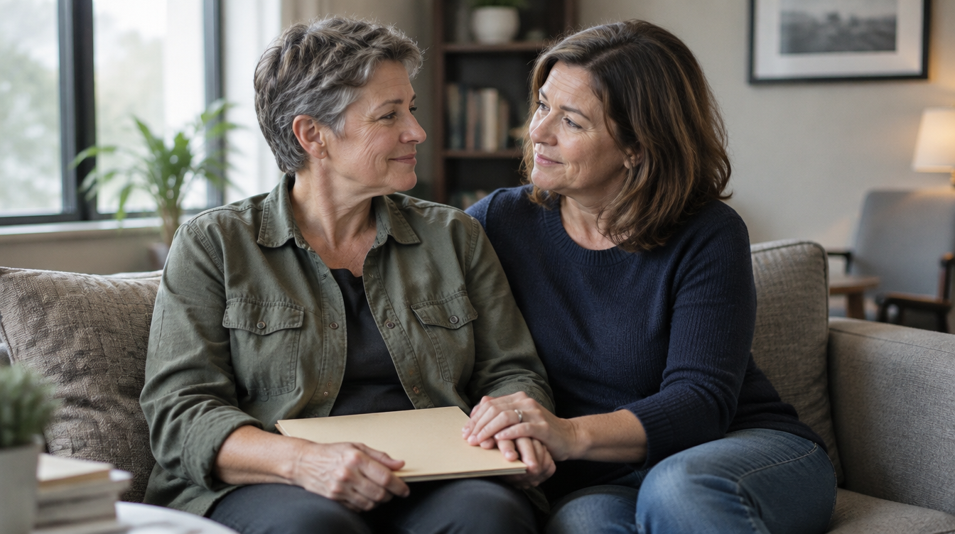 Two people sit on a couch, smiling and holding hands in a cozy living room.