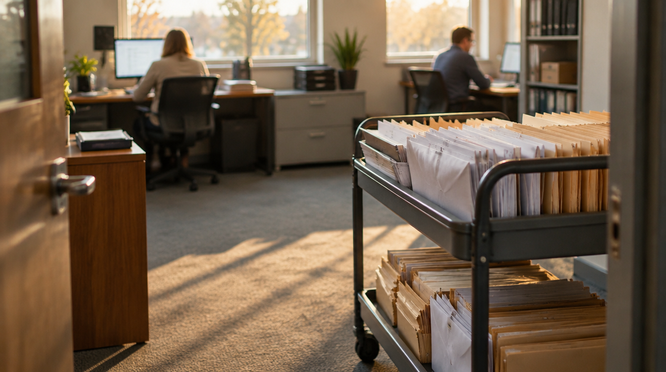 Office with two people at desks and a cart of file folders in the foreground