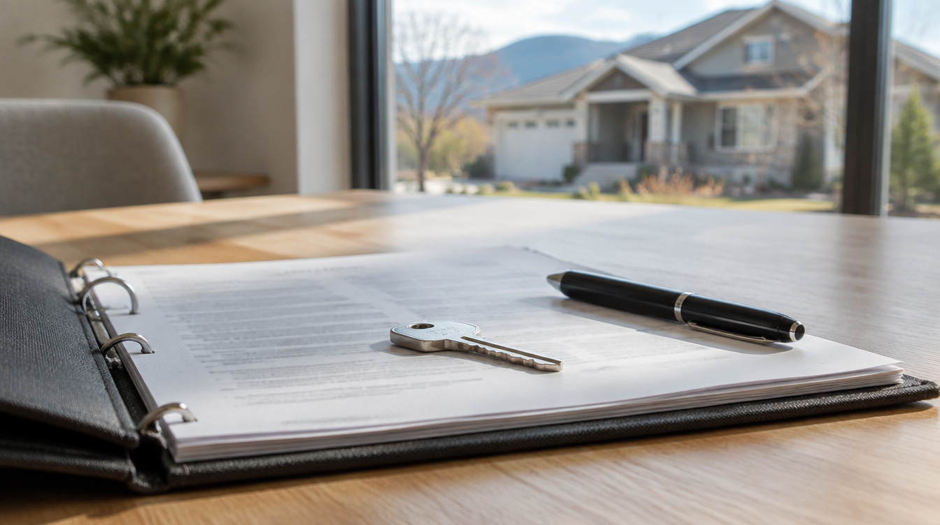Notebook with pen on a wooden table by a window, with a house visible outside.