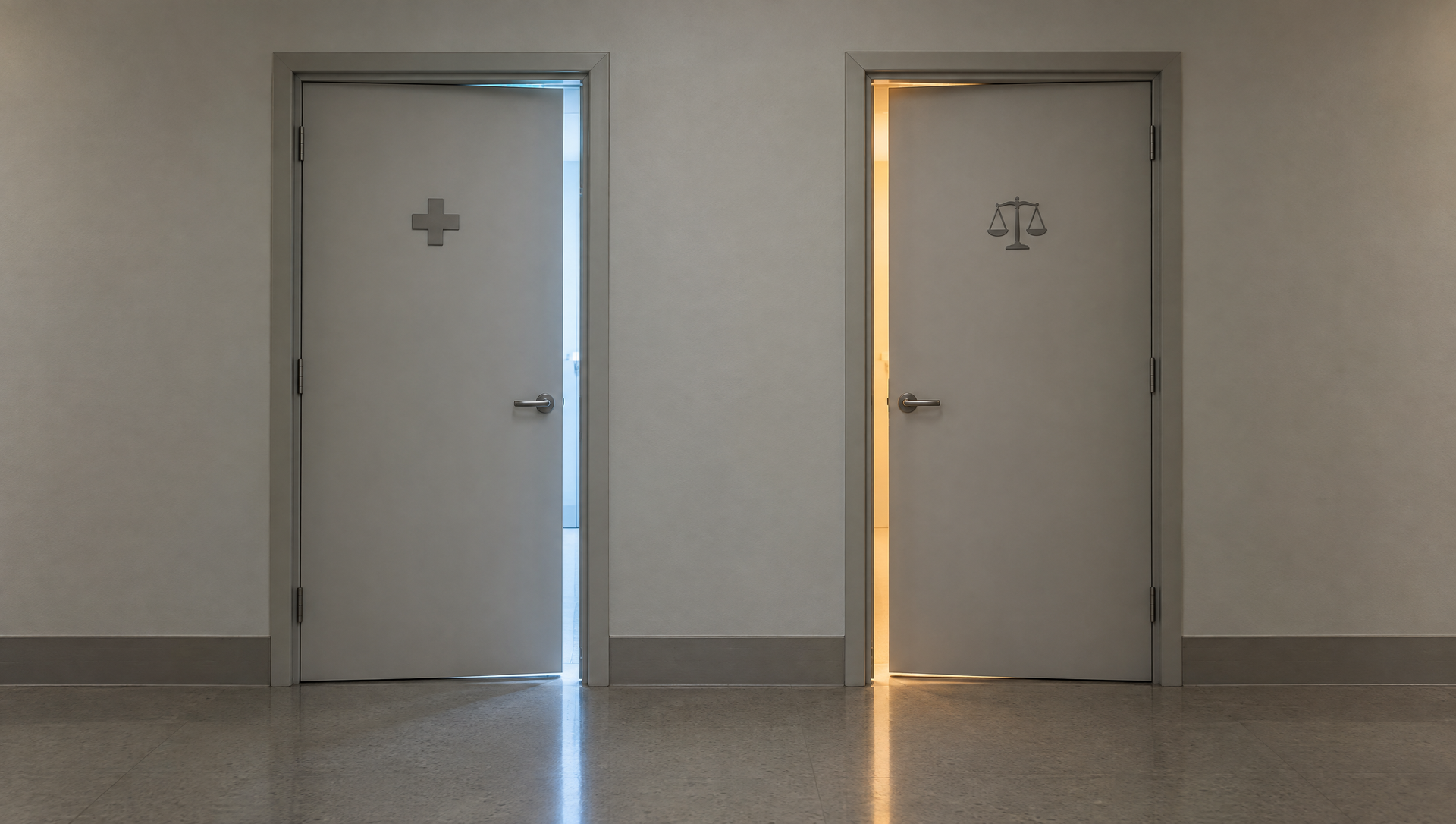 Two gray restroom doors in a hallway, one marked with a cross and the other with a wheelchair symbol.