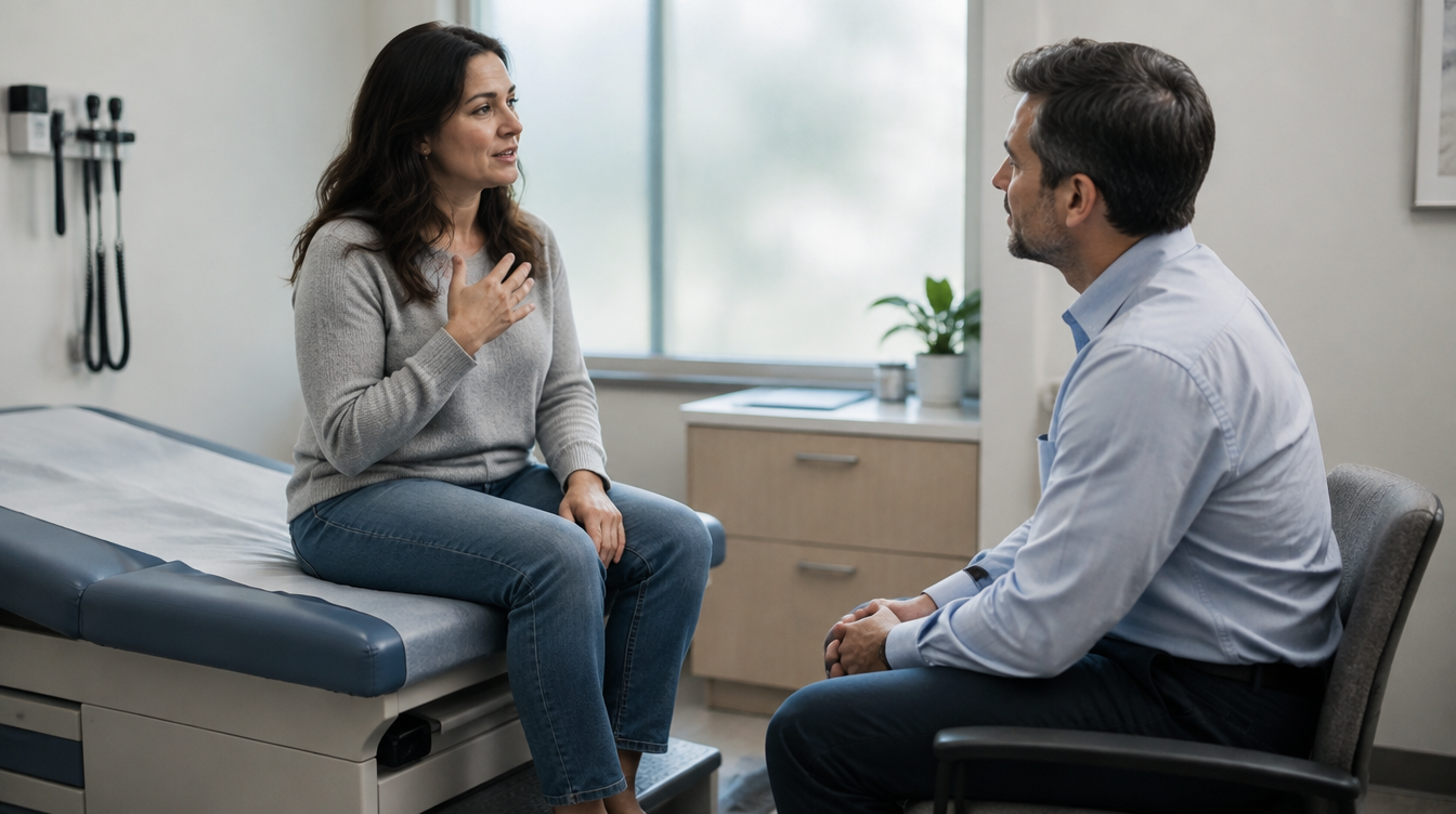 Two people in a clinic office talking during a medical consultation, seated across from each other.