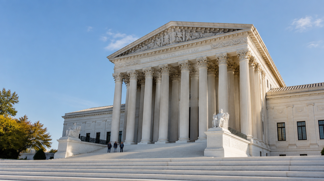 U.S. Supreme Court building with white marble columns under a blue sky