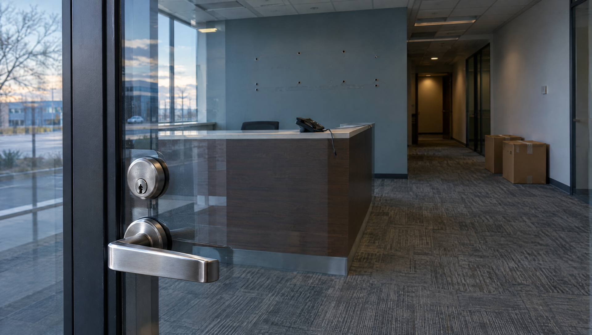 Glass office lobby with reception desk, hallway, and a door handle in the foreground