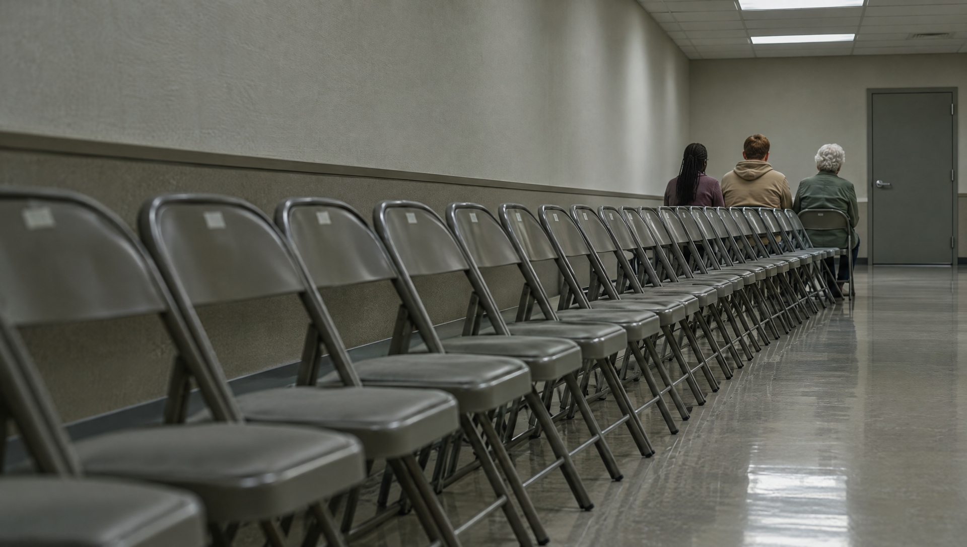 Long row of gray folding chairs in a hallway, with a few people standing at the far end.