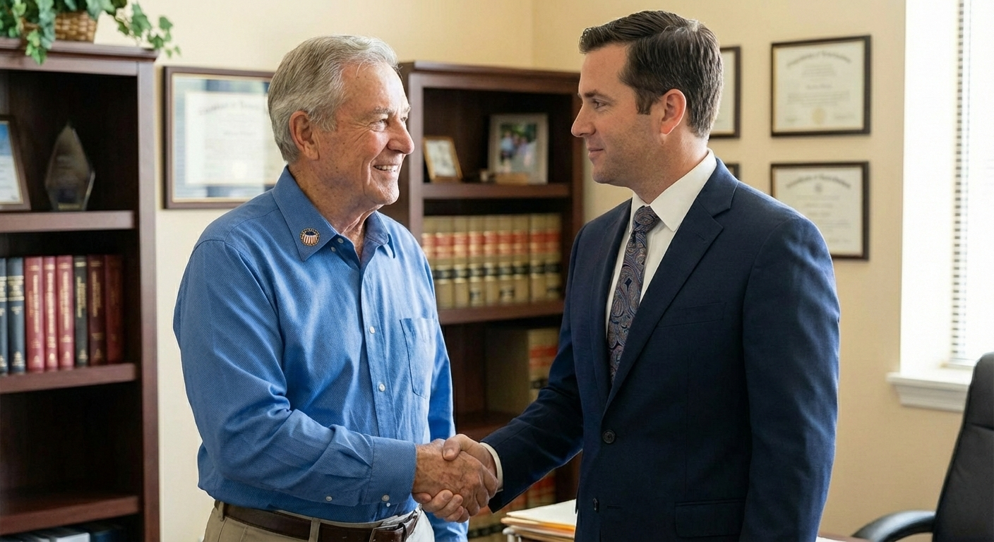 Two men shaking hands in an office, one in a blue shirt and one in a navy suit.