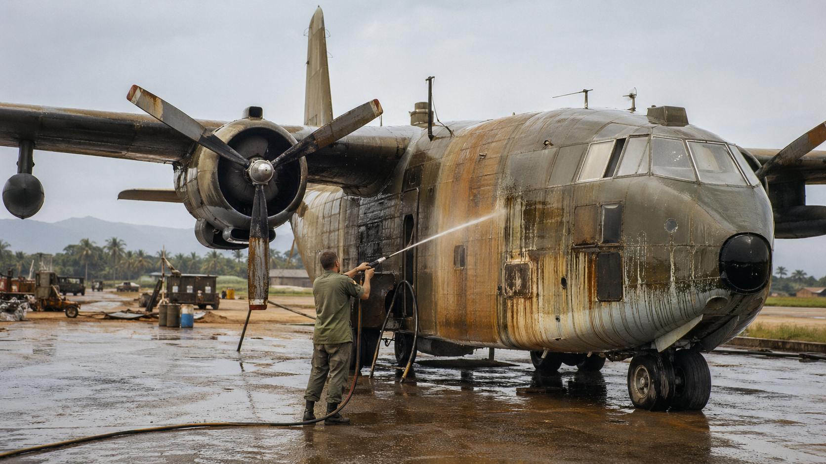Military cargo plane being washed on a wet runway, with two people spraying water at the fuselage.