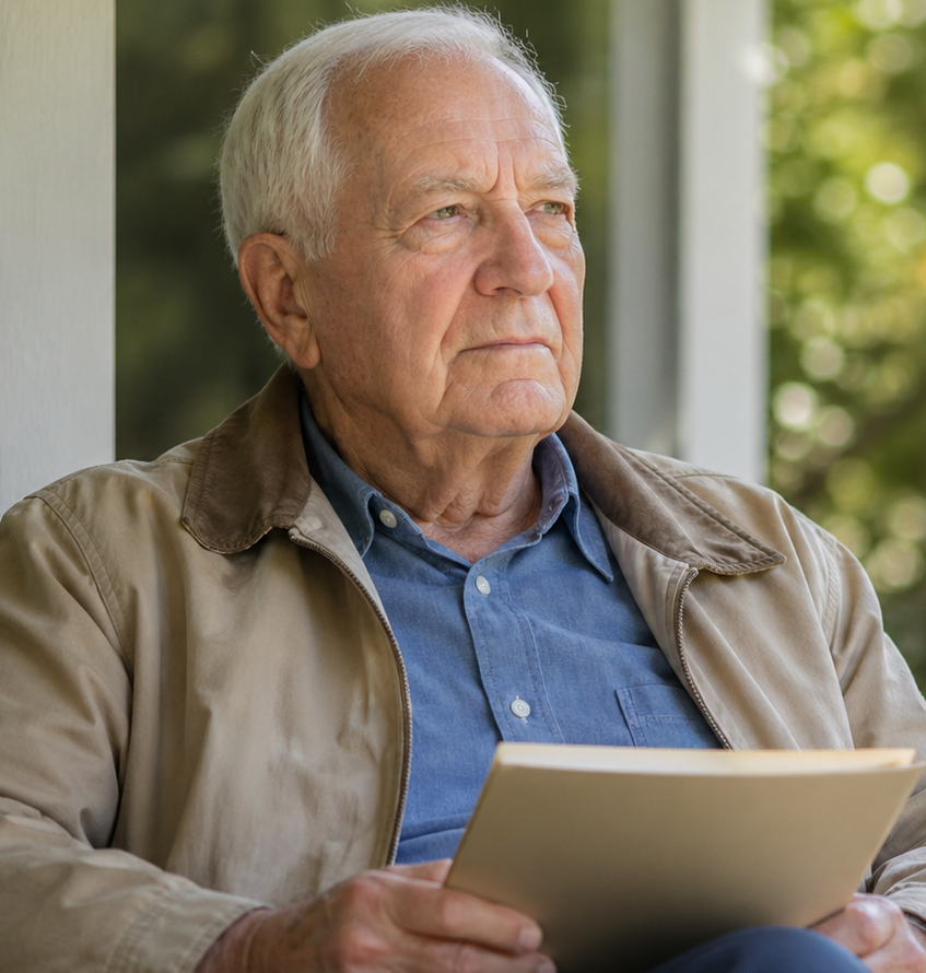 Elderly man in a tan jacket holding a notebook on a porch, gazing thoughtfully to the side.
