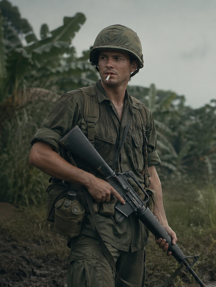 Soldier in olive uniform holding a rifle in a tropical jungle setting, looking alert