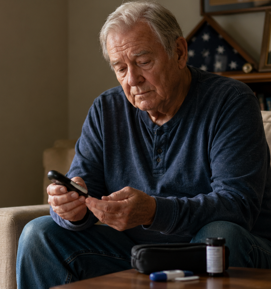Elderly man sitting on a couch, examining a pill bottle with a smartphone beside him.