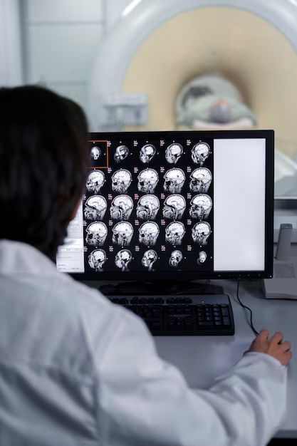 Doctor viewing brain scans on a computer in front of an MRI machine