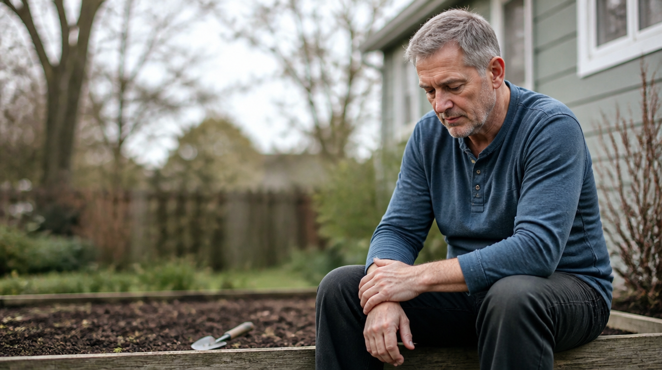 Man sitting on a raised garden bed, looking down pensively in a backyard.