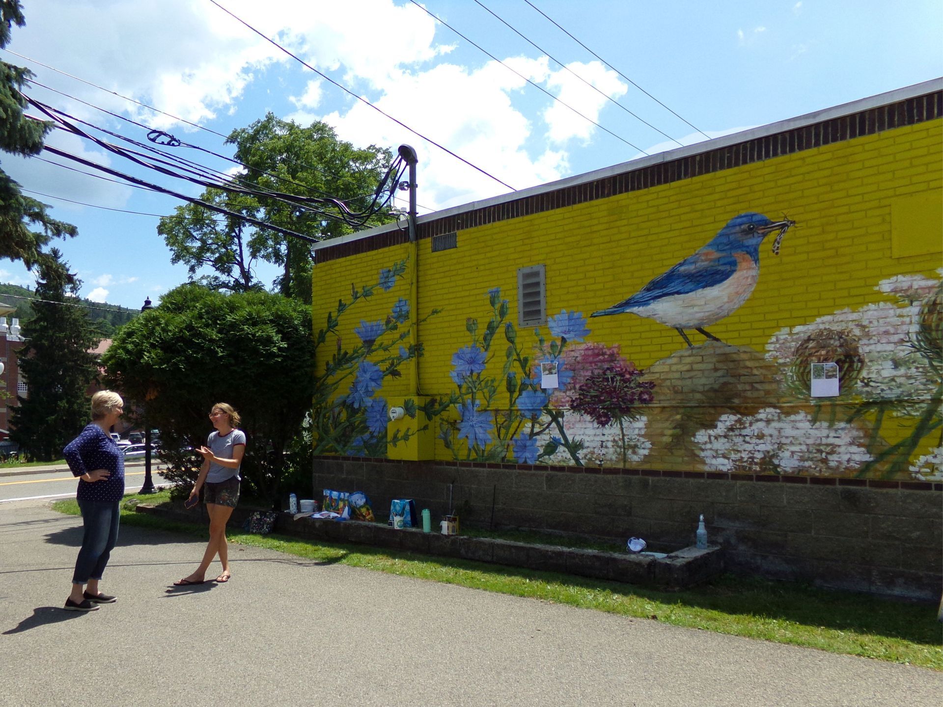 Two people standing by a colorful bird mural on a sunny street