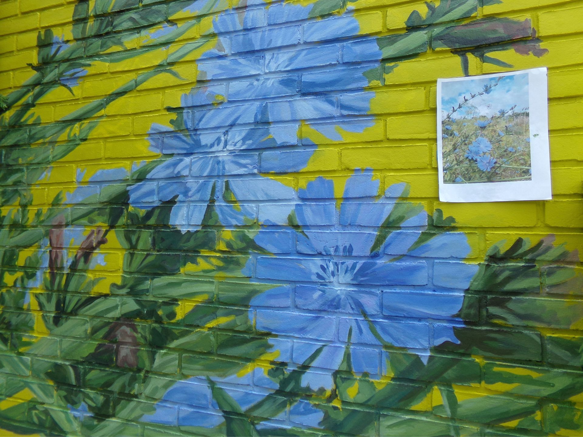 Blue flowers painted on a yellow brick wall, with a small framed floral photo on the right.