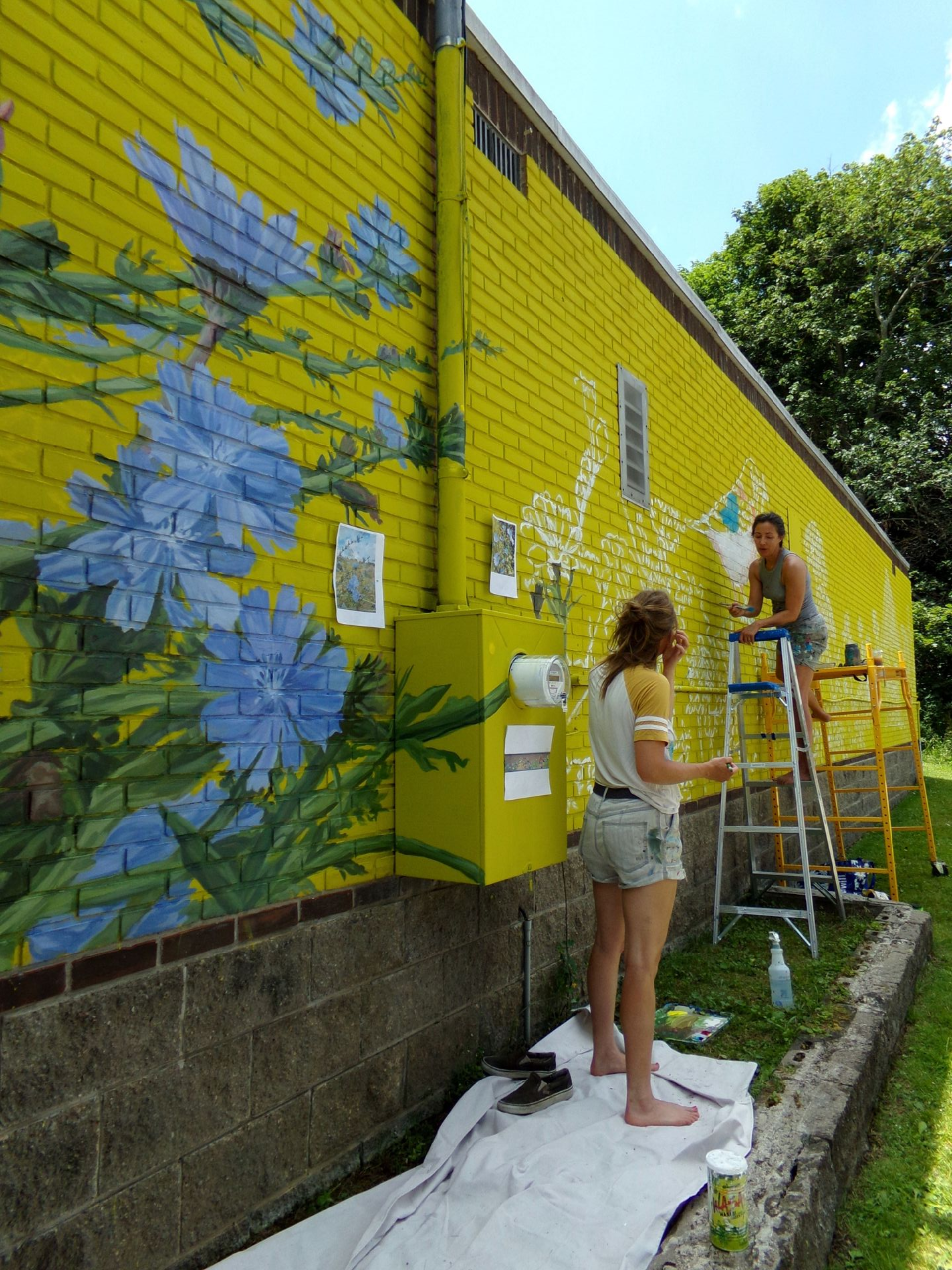 Two people painting a bright yellow mural with blue flowers on an outdoor wall