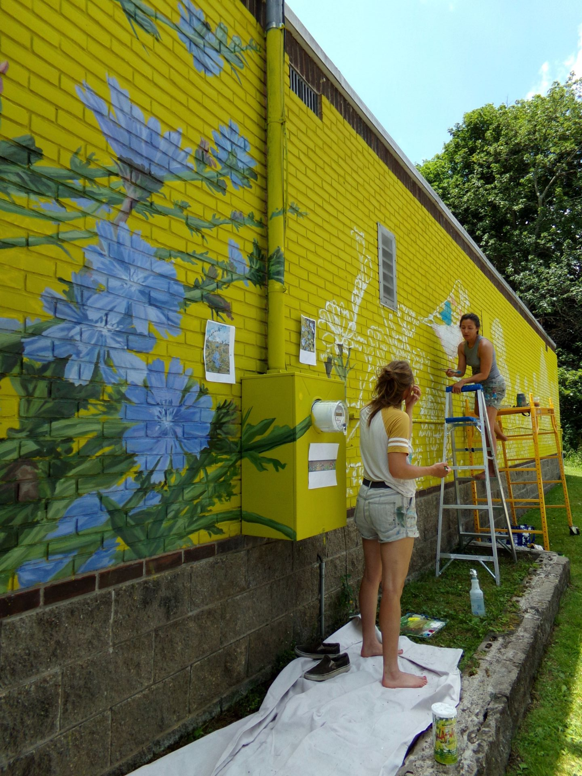 Two people painting a yellow brick wall with blue flowers outdoors, with a ladder and supplies nearby