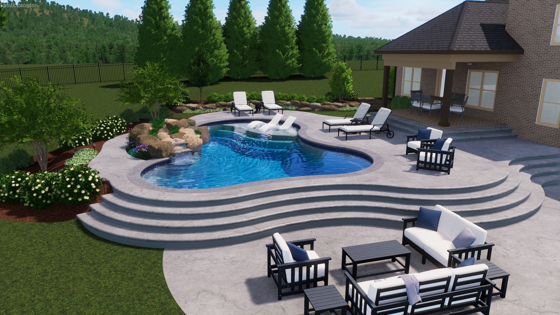 Backyard pool with curved steps, lounge chairs, patio seating, and a house in the background