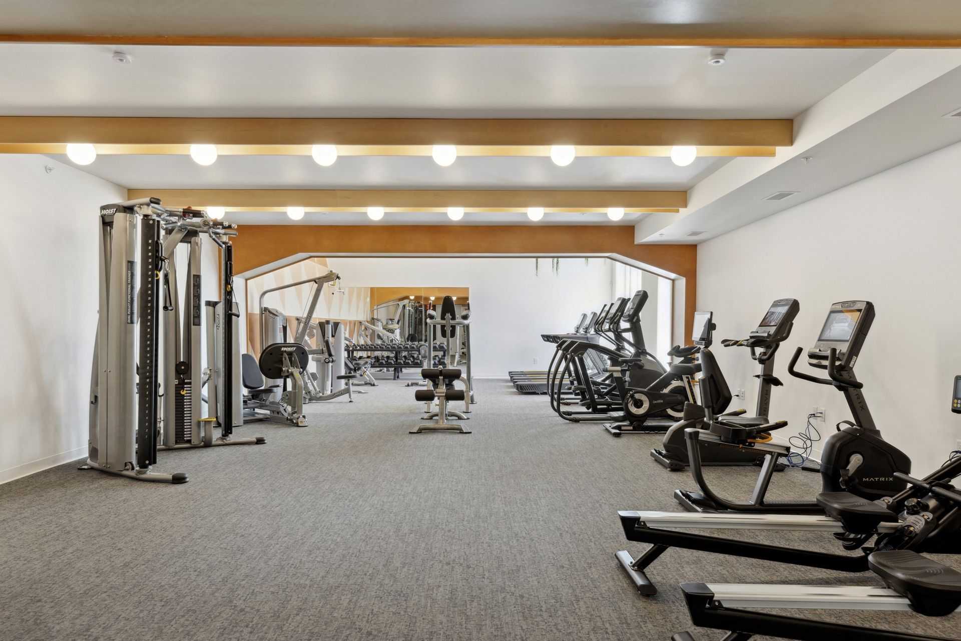 Gym interior with various exercise machines on gray carpet.