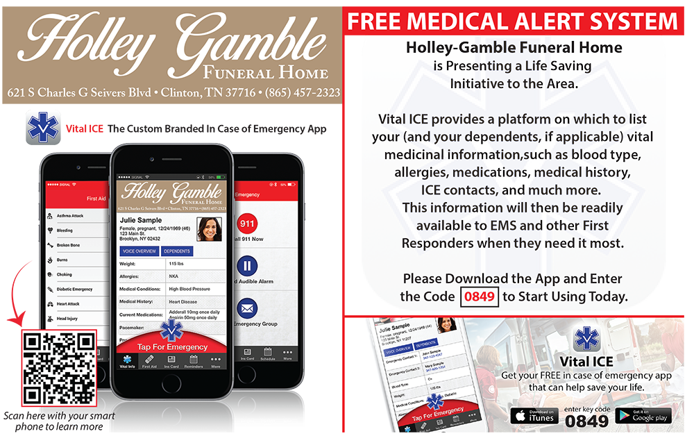 Holley Gamble Funeral Home ad for a free mobile alert system, with smartphone and QR code.