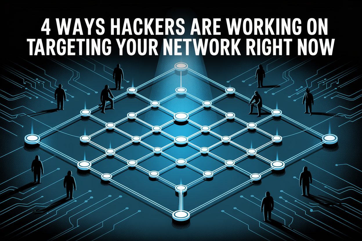 Illustration of hackers breaching network points, showing cyberattack patterns and system vulnerabilities.