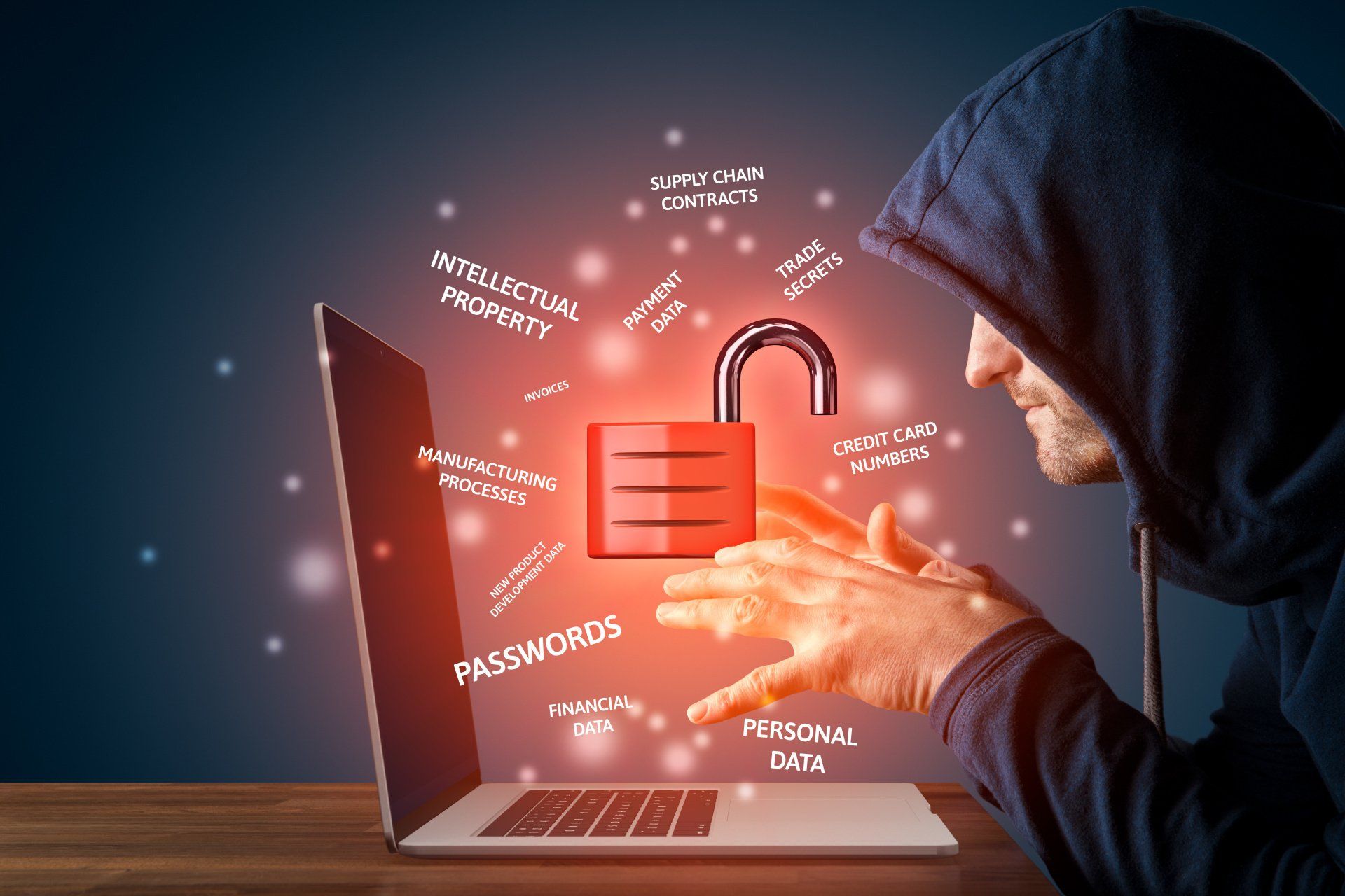 Hooded attacker breaking into unsecured laptop system, highlighting data vulnerability and password leaks.
