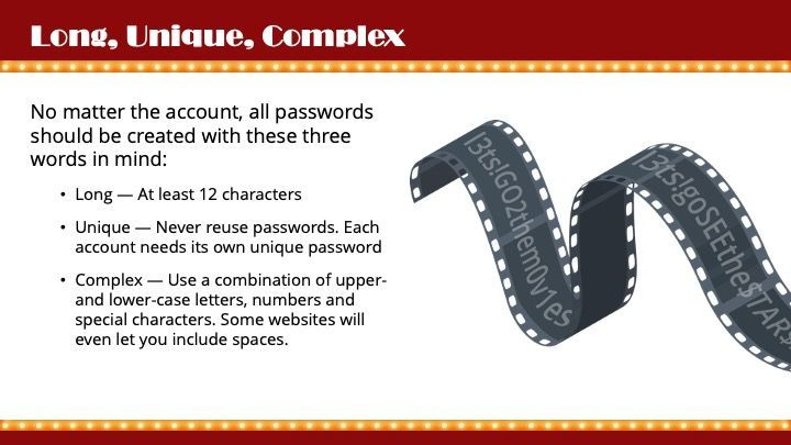 Cybersecurity training tip showing how to create strong, unique passwords to reduce data breach risks.