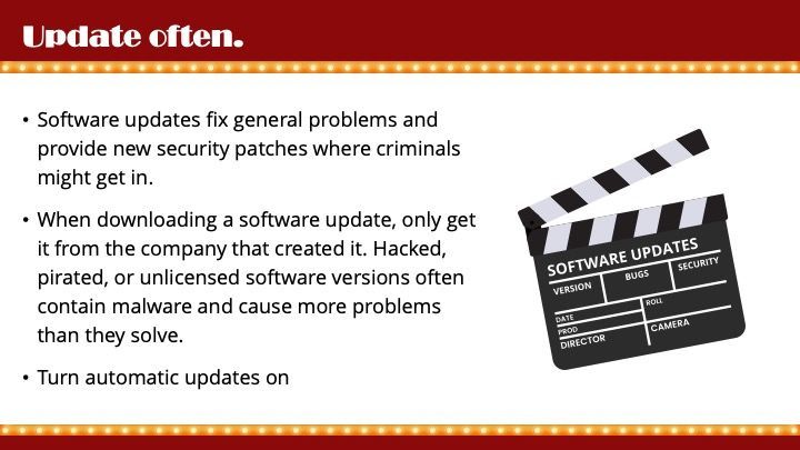 Cybersecurity tip urging software updates to prevent malware, ransomware, and IT vulnerabilities in small businesses.