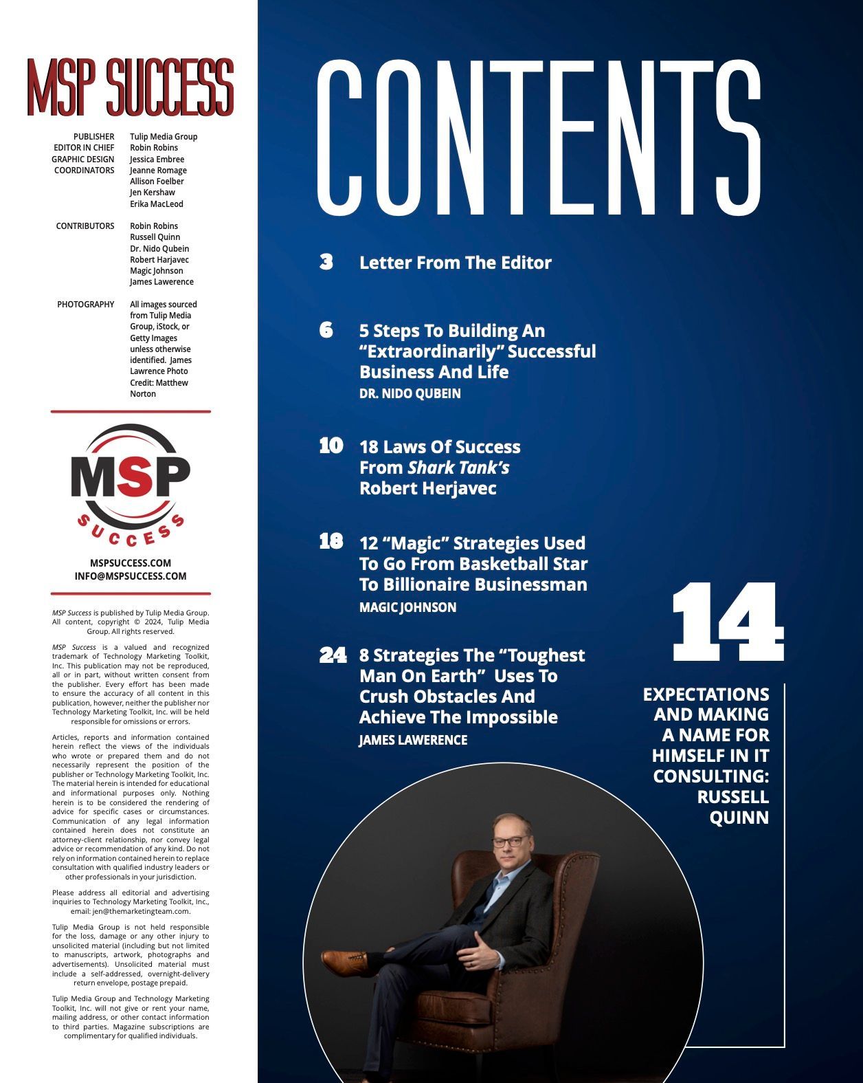 MSP Success Magazine 2024 layout featuring Russell Quinn on IT consulting, business growth, and cybersecurity.
