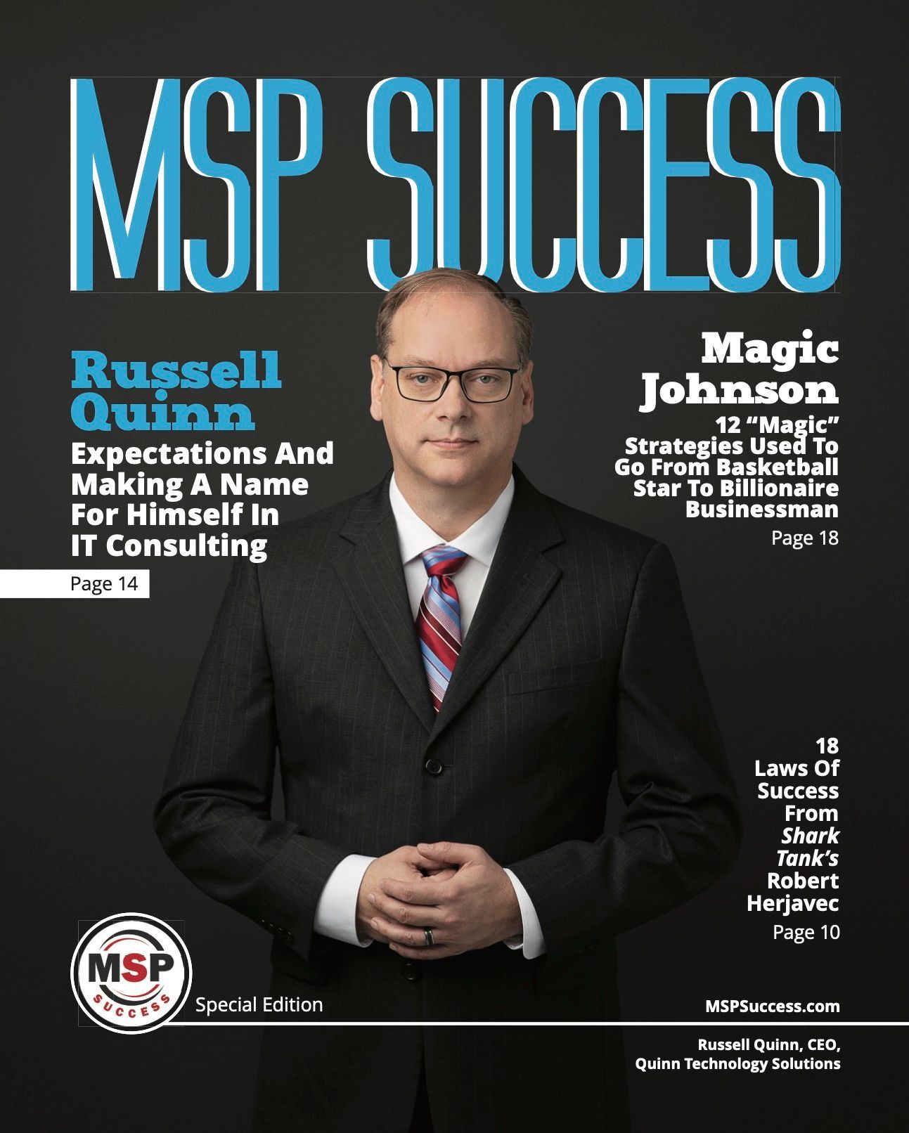 Russell Quinn on MSP Success Magazine cover discussing IT consulting, cybersecurity, and business leadership.
