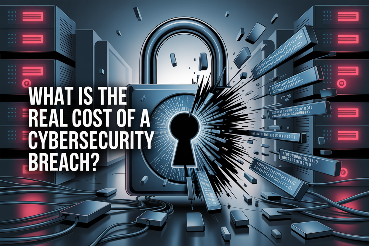 Cybersecurity breach infographic showing the high cost of data loss, downtime, and ransomware for businesses.