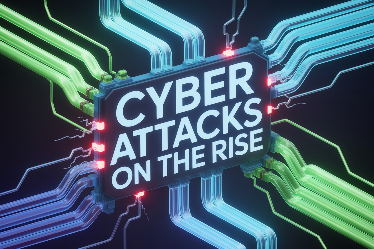 Cyber attacks on the rise graphic with data cables; cybersecurity threats targeting small businesses in Houston.