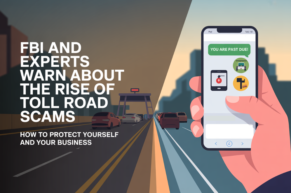 Smartphone with toll app warning about rising toll road scams, digital fraud, and identity theft alerts.