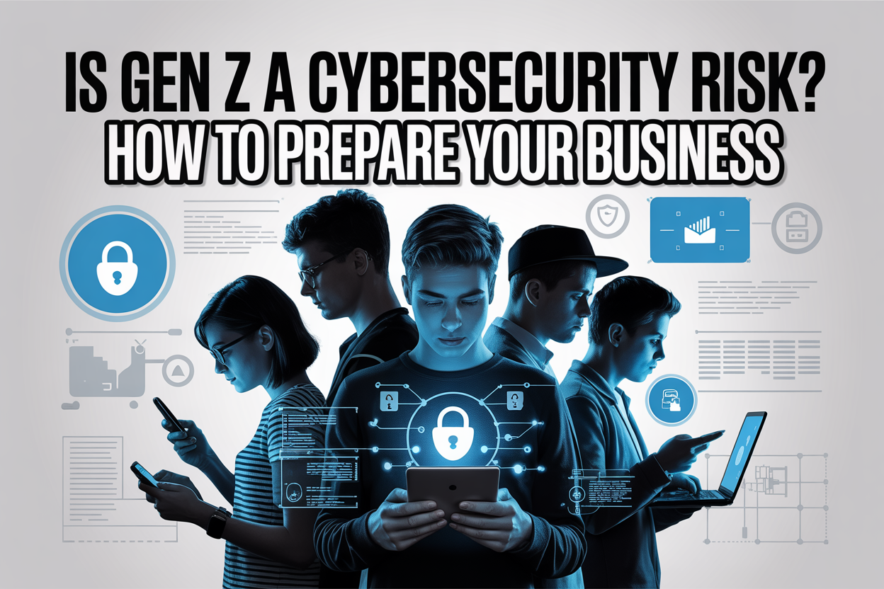 Gen Z cybersecurity risk infographic warning businesses to improve digital security and employee training.