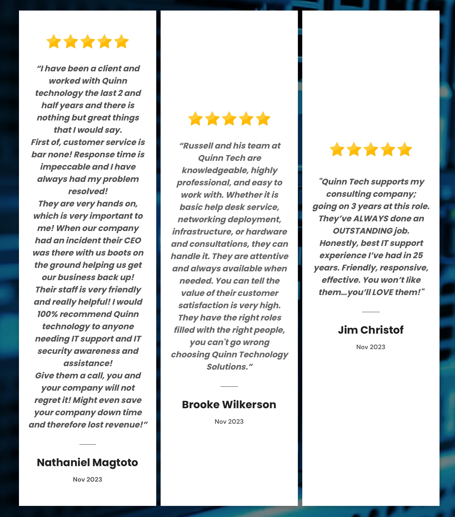 Client testimonial graphic highlighting managed IT services, customer satisfaction, and Houston business support.