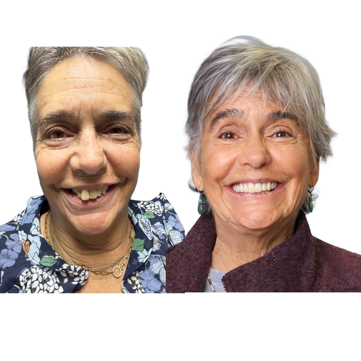 Two smiling portraits of the same person with short gray hair, side by side on a white background