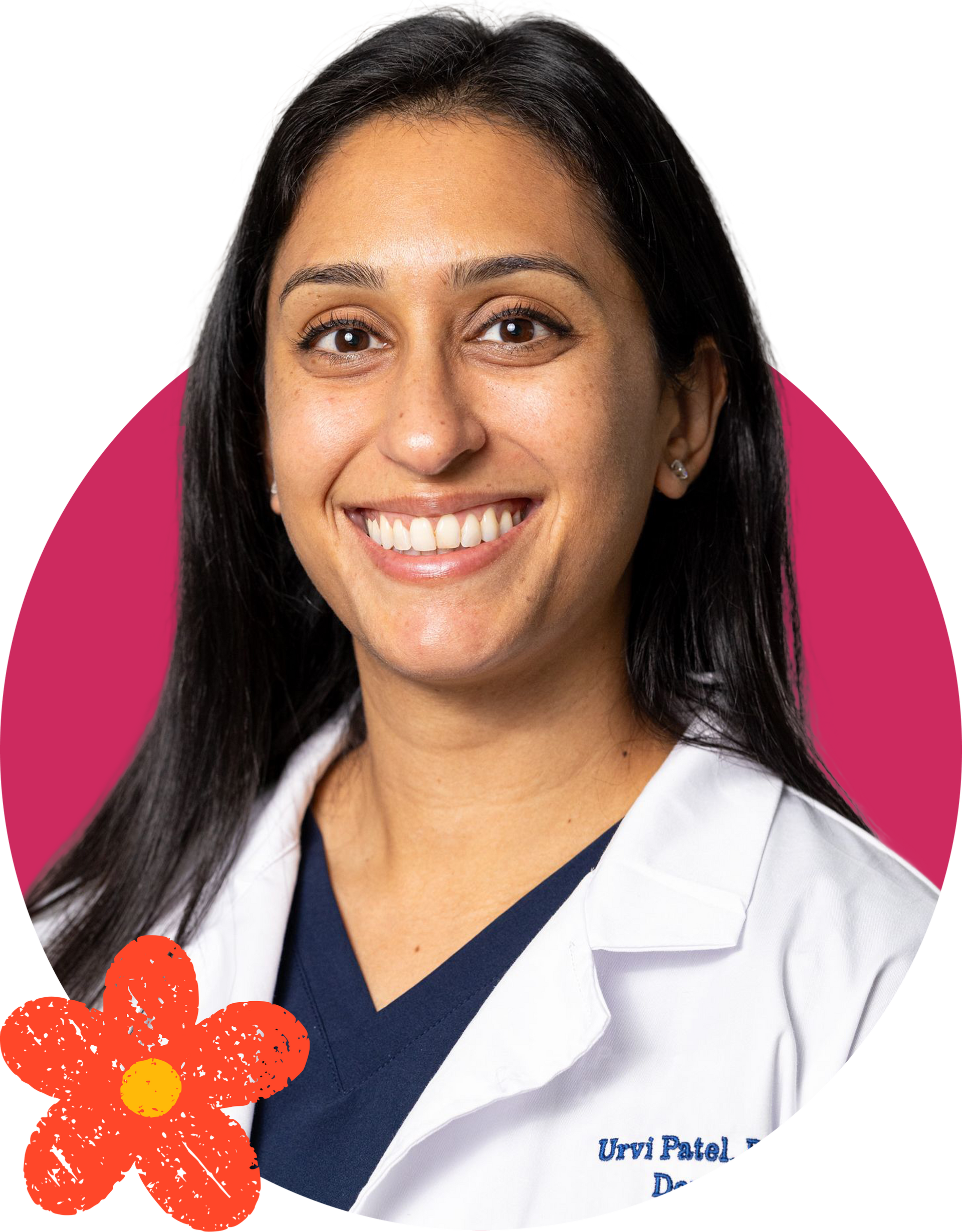 A smiling healthcare professional in a white coat and dark scrubs, set against a pink circle with a small orange flower.
